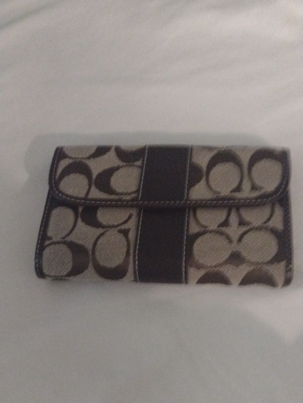 Coach Brown/Tan Signature Fold Wallet with Dark Center Stripe